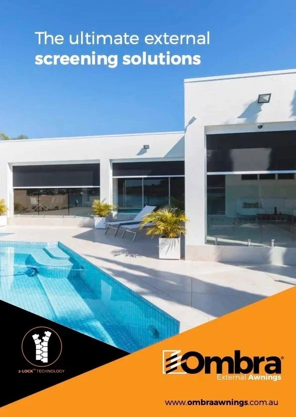 A promotional brochure for Ombra External Awnings features an outdoor pool area with modern white buildings, large glass windows, and potted plants under a clear blue sky.
