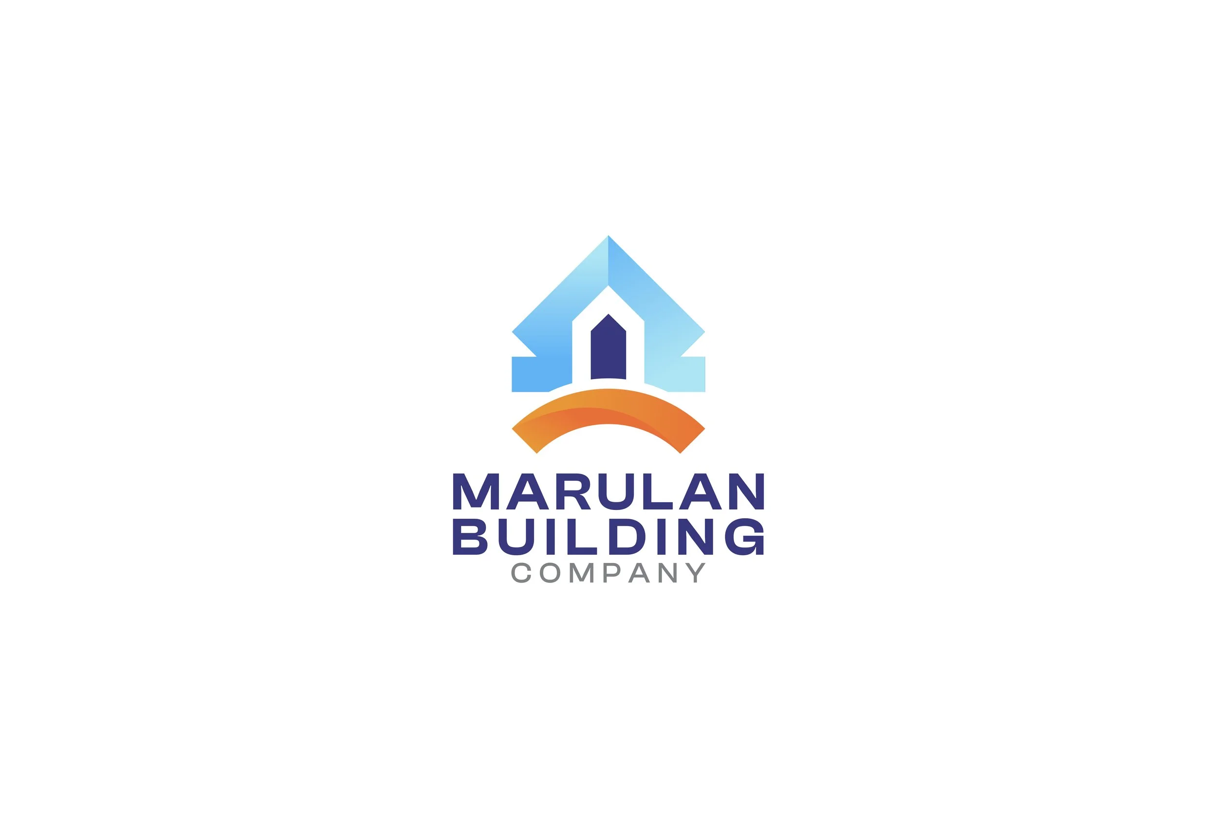 Logo of Marulan Building Company featuring a stylized house with a blue roof and an orange arch beneath, with the company name in blue below.