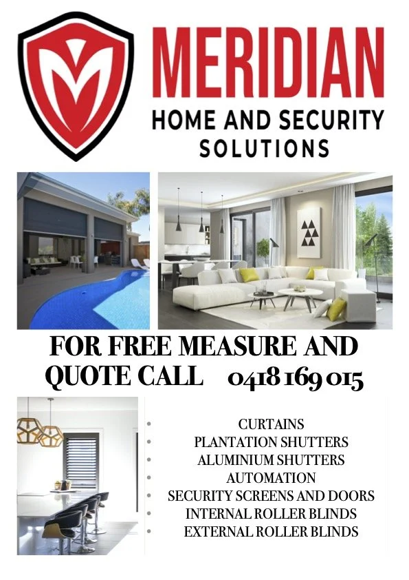 Advertisement for Meridian Home and Security Solutions featuring a shield logo, images of a swimming pool, a modern living room, and a dining area with window blinds, listing services like curtains, shutters, automation, and security screens.