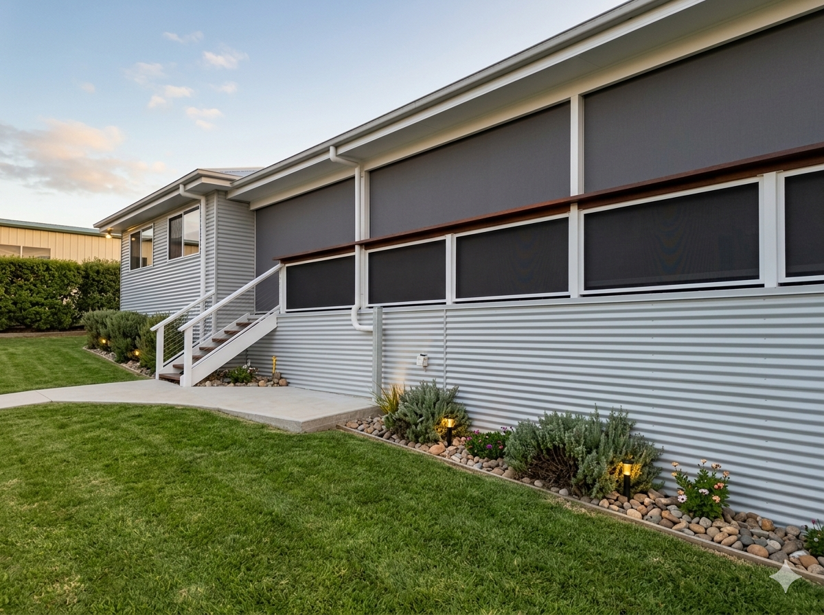 Side view of a manufactured house with a porch, stairs, landscaped garden bed with plants and rocks, and well-maintained green lawn.