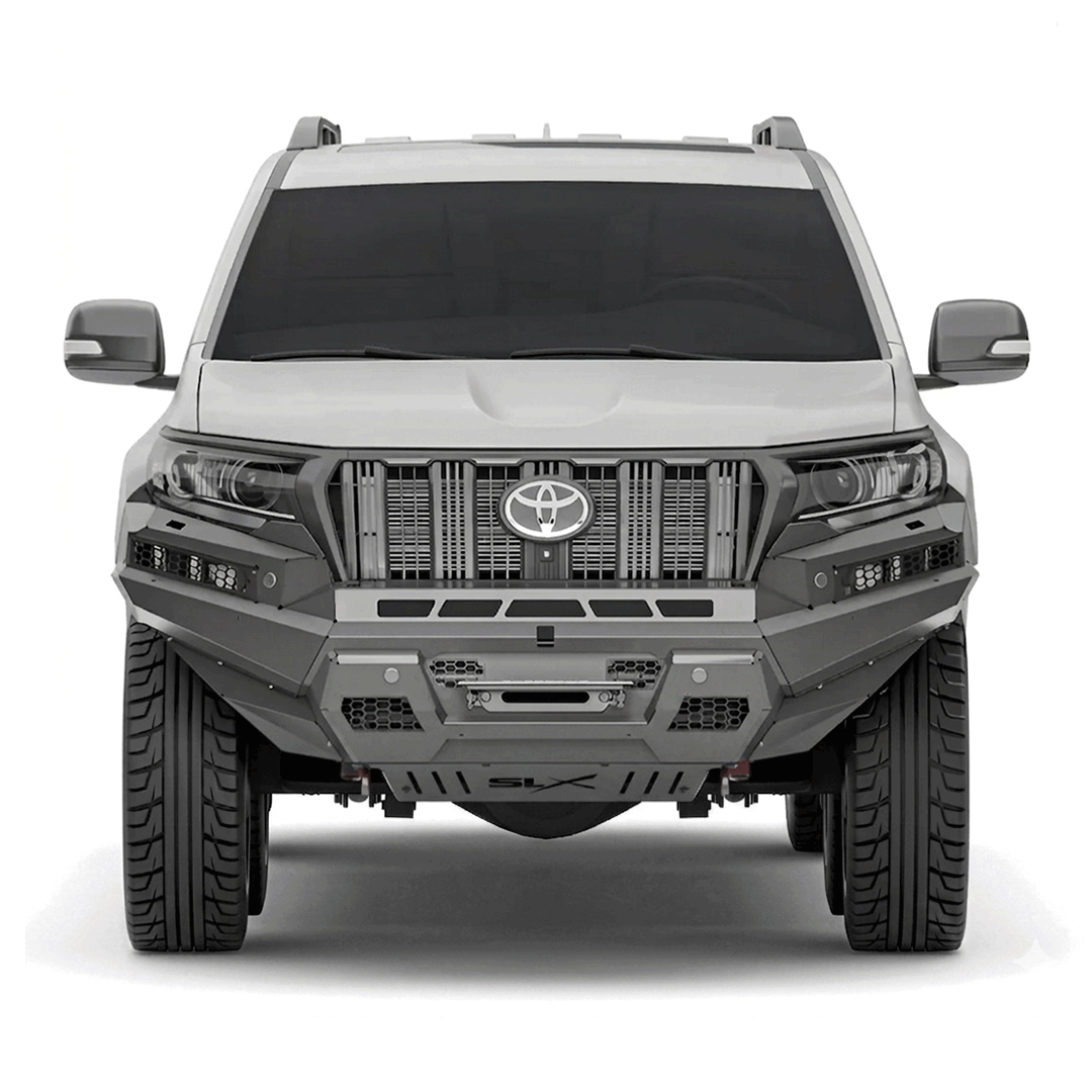 Front view of a silver Toyota SUV with a rugged, armored appearance.