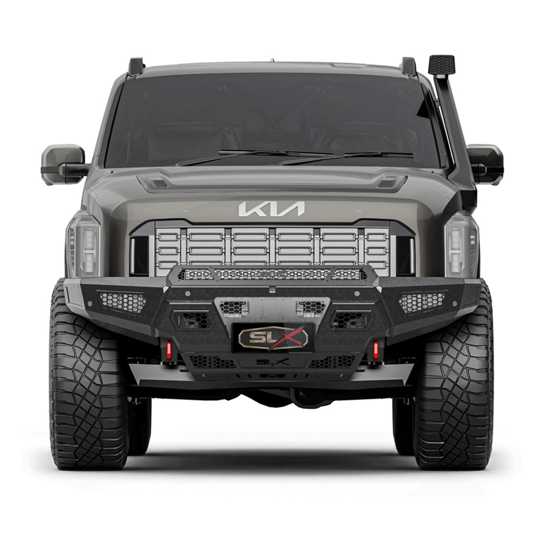Front view of a rugged, black off-road vehicle with large tires and a heavy-duty bumper, featuring a KIA logo on the hood.