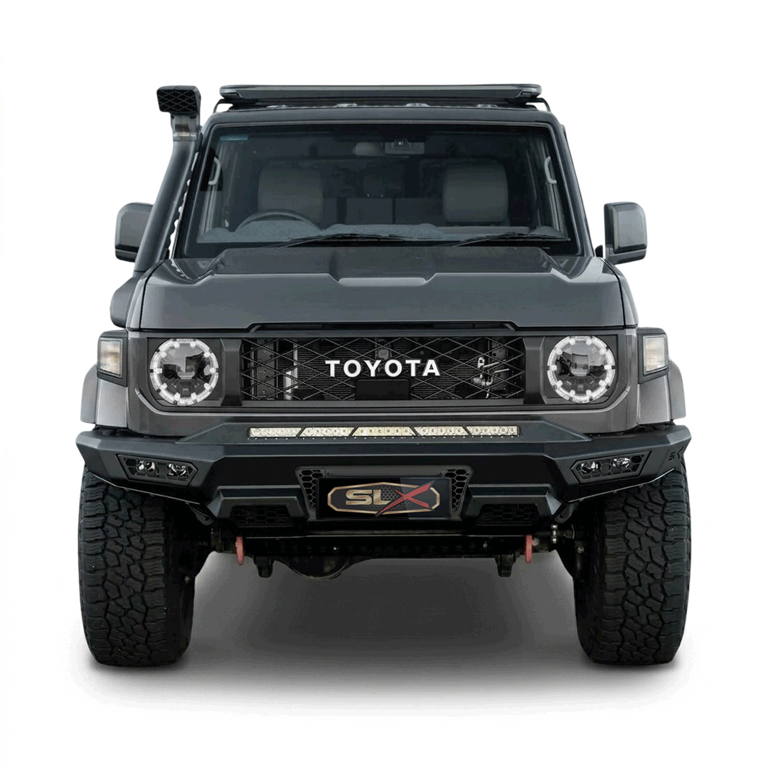 Front view of a matte black Toyota SUV with off-road modifications including large tires, snorkel, and LED light bar.