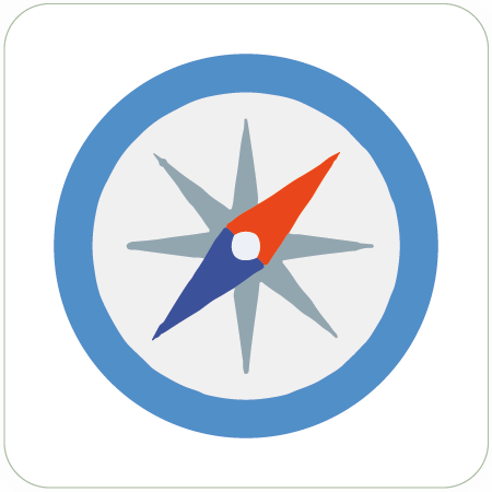 Illustration of a compass with a blue outer ring, gray directional points, a blue and red needle, and a white center symbolizing the development of a personal mission statement