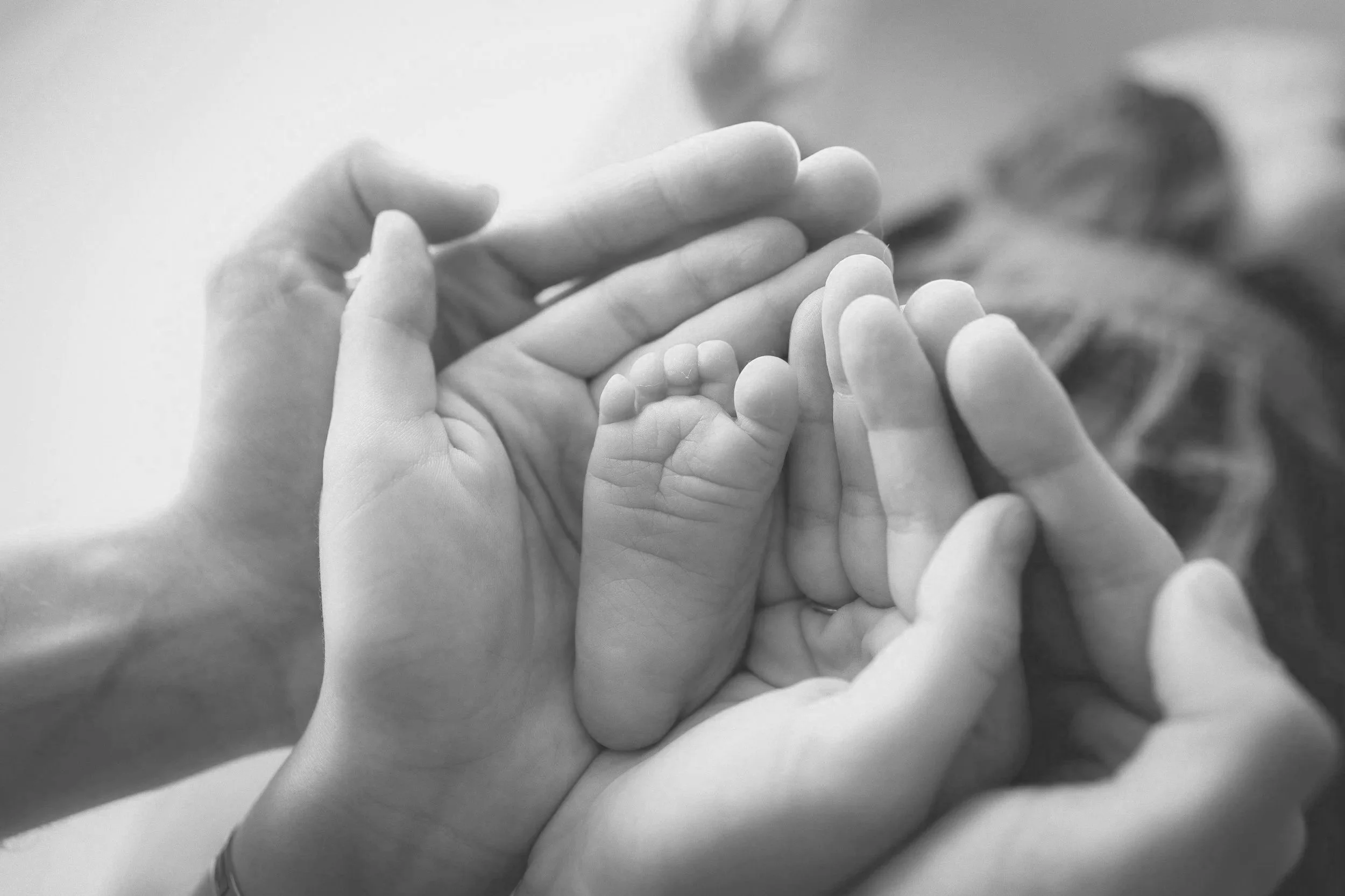 A black and white photo of multiple hands holding a child's hand in the center. The hands are clasped together gently.