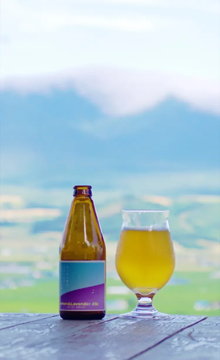 A brown glass bottle with a purple and blue label next to a tulip-shaped glass filled with yellow beer, set on a wooden surface with a scenic landscape of mountains and a cloudy sky in the background.