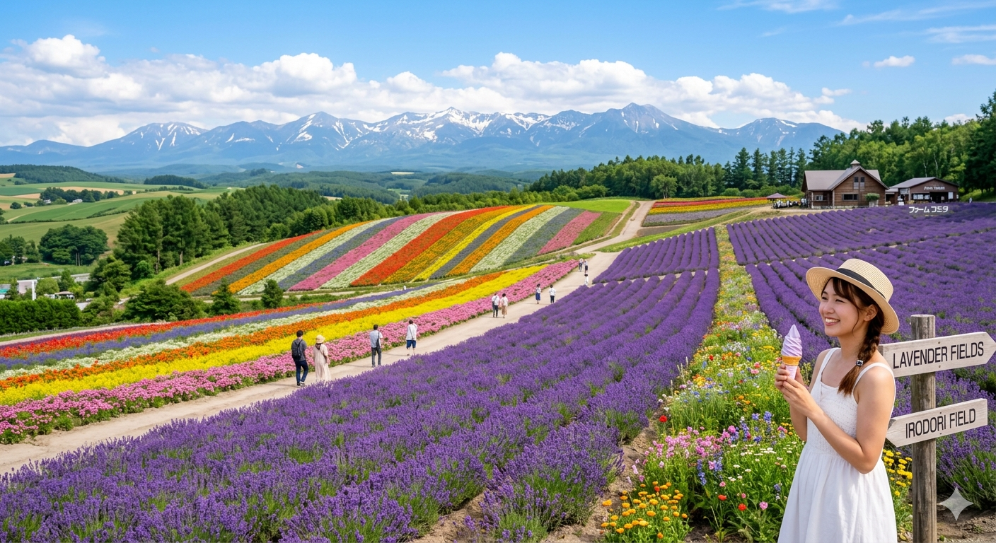 A woman smiling and holding an ice cream cone stands in a colorful lavender field with signs reading "LAVENDER FIELDS" and "IRODORI FIELD." In the background, there are people walking among vibrant flower fields, with mountains and a blue sky with clouds behind them.