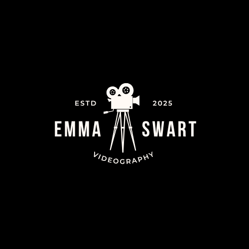 Black logo with a vintage film camera illustration and text that reads "Emma Swart Videography ESTD 2025."