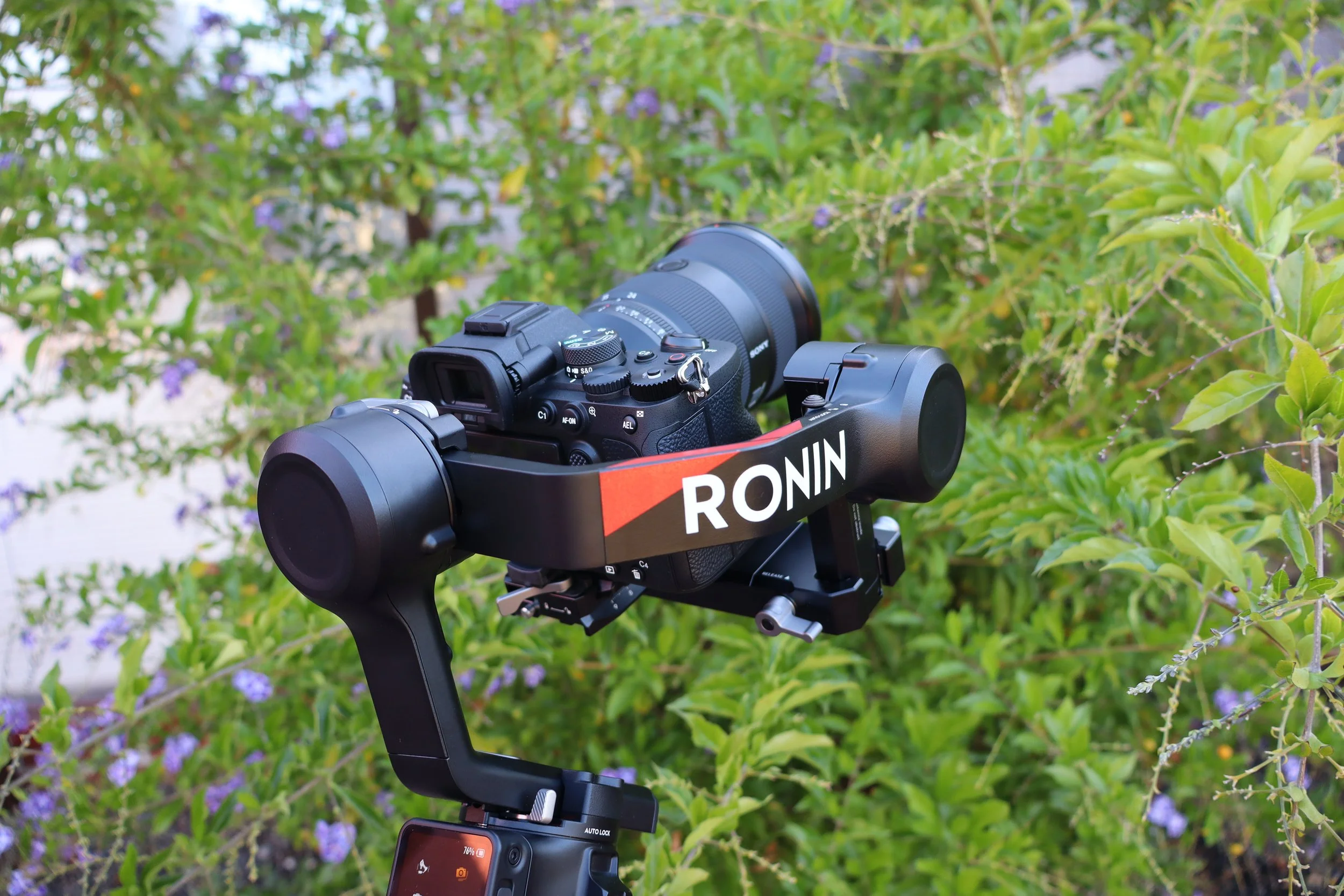 A camera mounted on a black stabilizer with the brand name 'RONIN' visible, set against a background of green bushes with purple flowers.