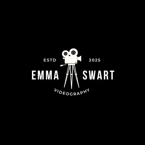 Logo for Emma Swart Videography featuring a vintage film camera on tripod on a black background