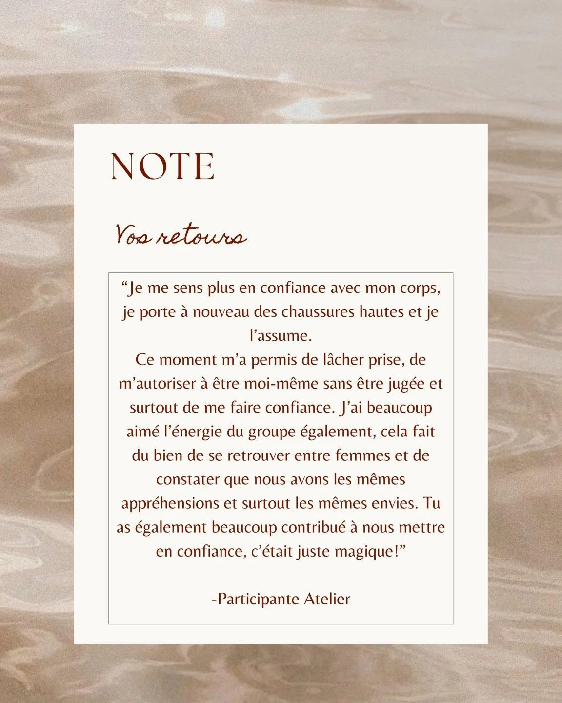 Plus qu'un atelier, c'est une transformation du regard que l'on porte sur soi. Apprendre &agrave; se faire confiance, l&acirc;cher prise et rayonner &agrave; sa fa&ccedil;on, tout simplement.

Les Ateliers sont n&eacute;s de cette envie : cr&eacute;e