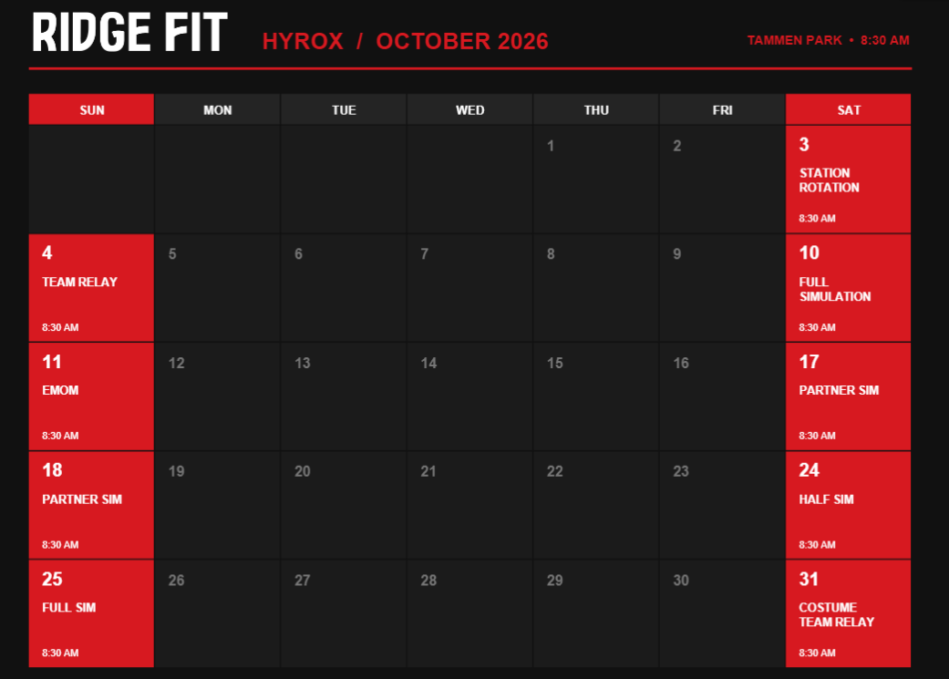 October 2026 ridge fit schedule for Hyrox at Tammen Park, starting at 8:30 am, with dates assigned for various events such as station rotation, team relay, EMOM, partner sim, half sim, full sim, costume team relay, on different Sundays in October.