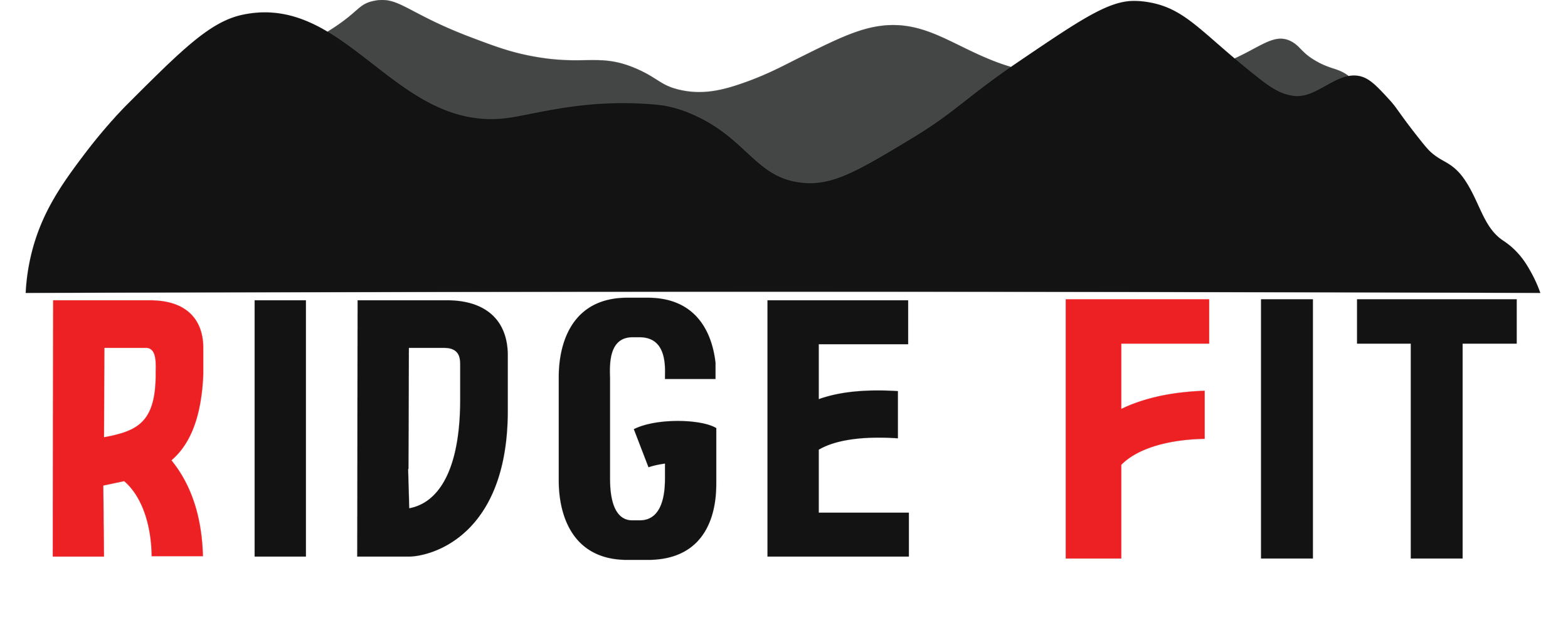 Logo for Ride Fit with a mountain graphic above the text RIDE FIT in black and red letters.