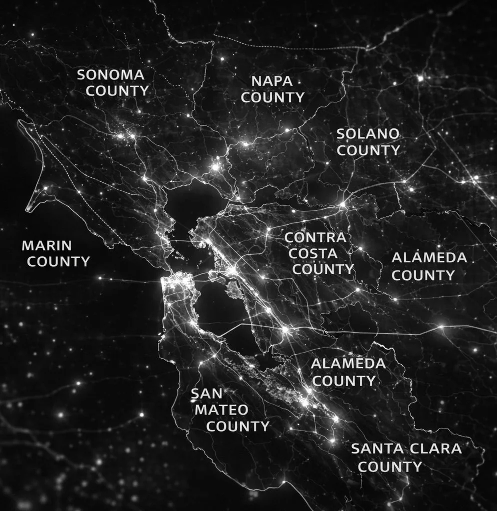 Map of the San Francisco Bay Area showing city and county boundaries illuminated with lights, including Sonoma, Napa, Solano, Contra Costa, Alameda, Marin, San Mateo, and Santa Clara counties.