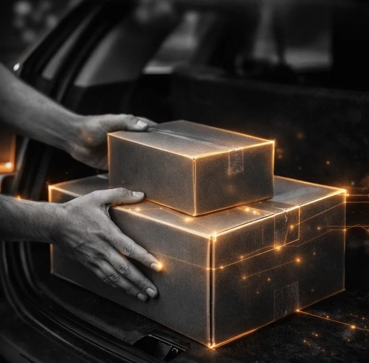 Hands placing two illuminated boxes in the trunk of a car, with glowing edges and digital effects.