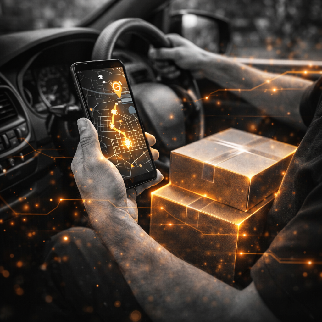 Person driving a vehicle holding a smartphone with a navigation app displaying a route, with a digital package on the passenger seat surrounded by glowing, floating lines and points of light.