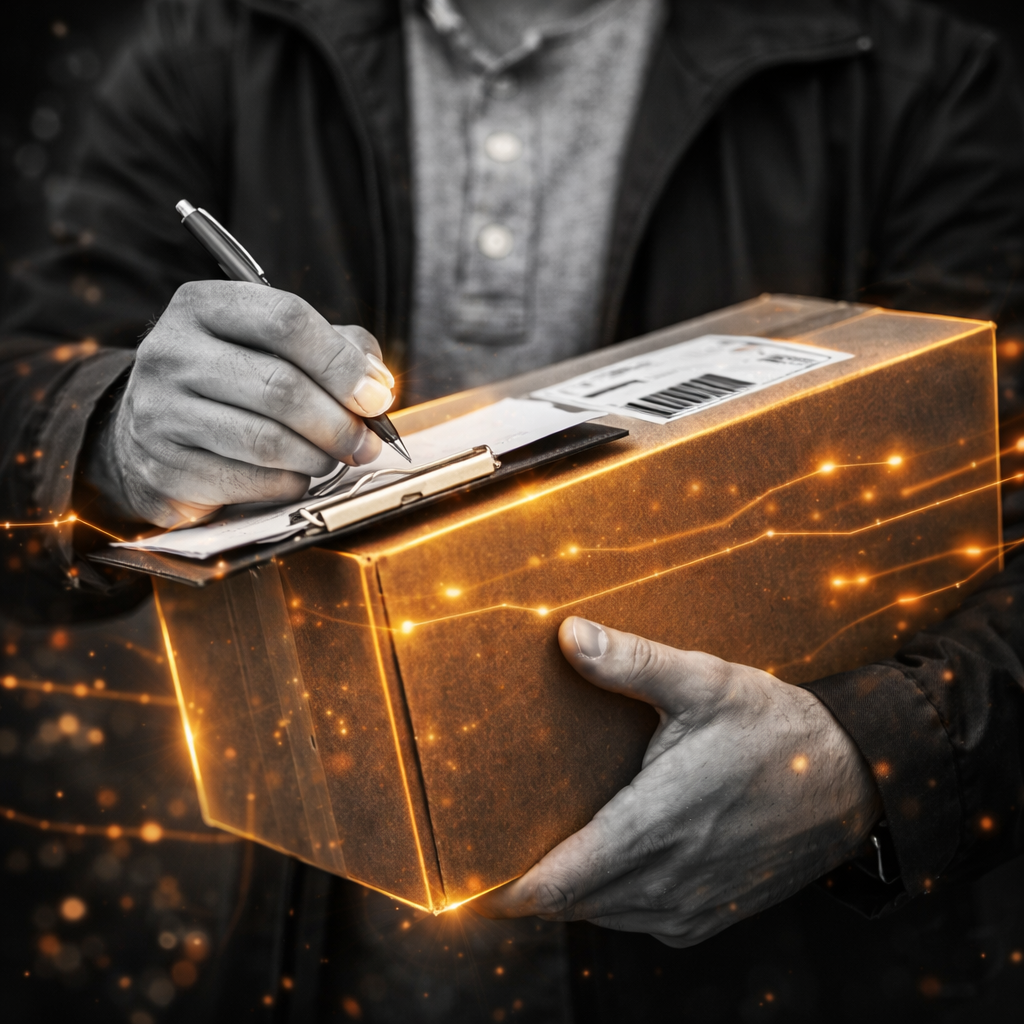 Person holding a package and signing a delivery receipt with a pen.