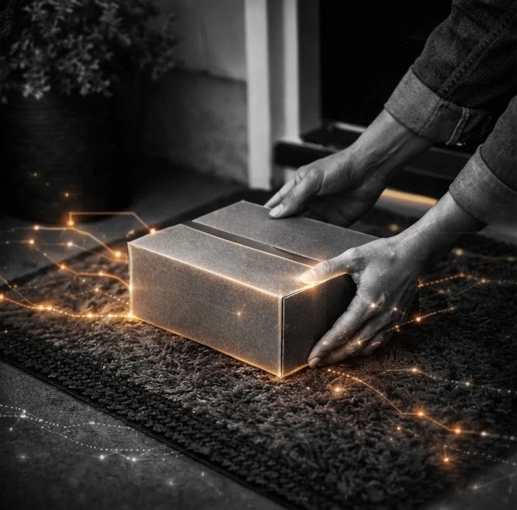 Person's hands holding a closed gift box on a textured mat with glowing light effects.