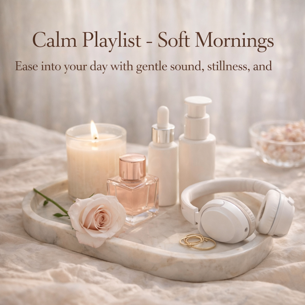 Calm Playlist – Soft Mornings — a Girltalk wellness graphic featuring headphones, a candle, skincare, and soft morning essentials for a peaceful start to the day