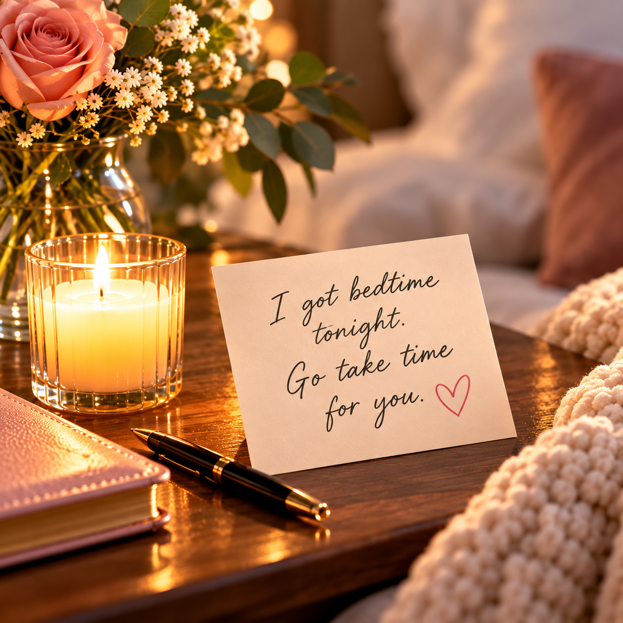 Handwritten note offering to handle bedtime so a partner can take time for herself, illustrating shared support in Girltalk’s 7-Day Reconnect Challenge