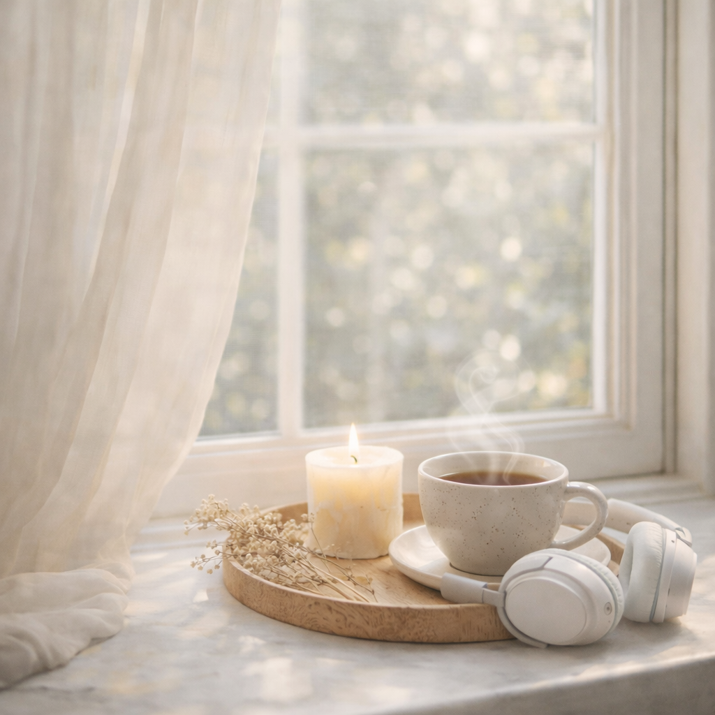 Share Your Playlist — a Girltalk Everyday Glow graphic with headphones, tea, and a candle inviting readers to share the songs and playlists that help them relax, reset, and feel good