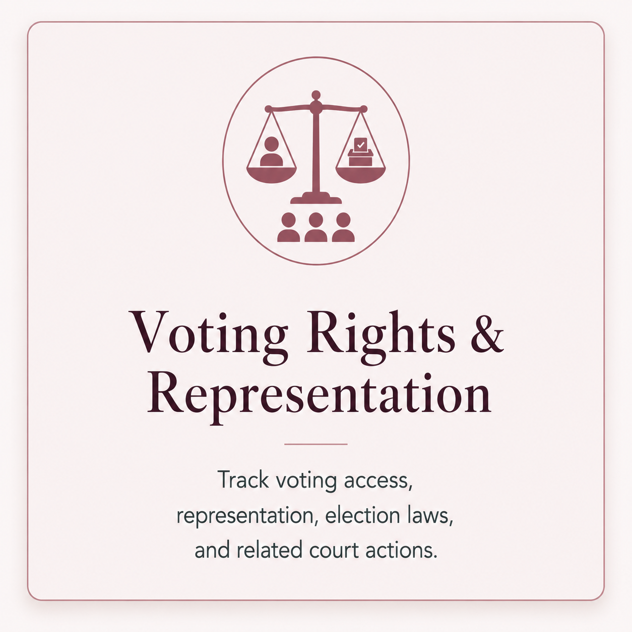 Voting Rights & Representation — track voting access, representation, election laws, and related court actions