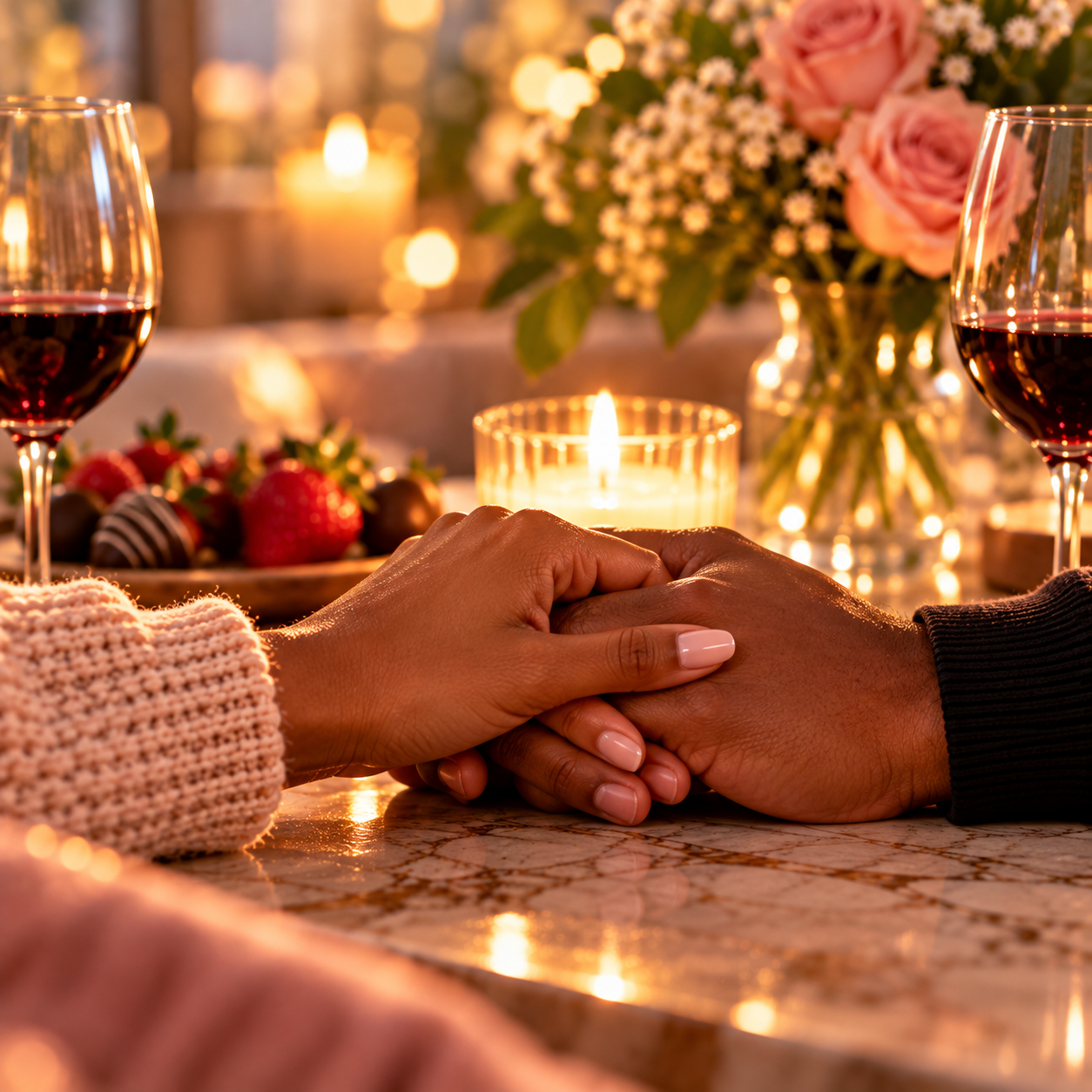 Couple holding hands across a candlelit table with pink roses, representing affection and intentional connection in Girltalk’s 7-Day Reconnect Challenge