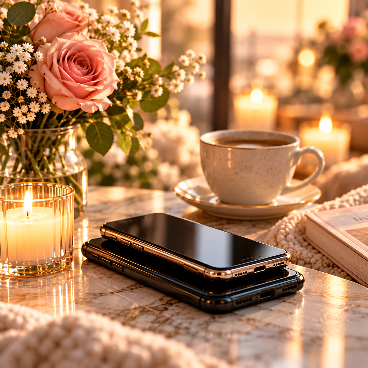 Two cell phones set aside beside coffee, candles and pink roses, representing uninterrupted connection during Girltalk’s 7-Day Reconnect Challenge