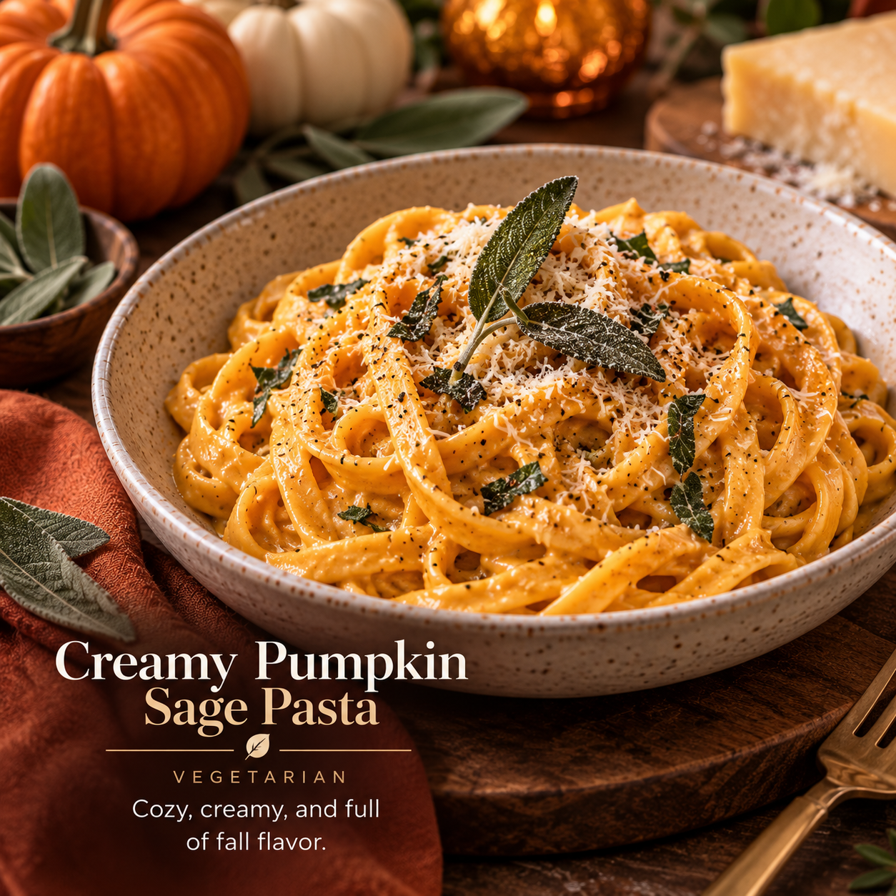 creamy-pumpkin-sage-pasta.jpg	Creamy pumpkin sage pasta topped with Parmesan and fresh sage for an easy fall vegetarian meal.