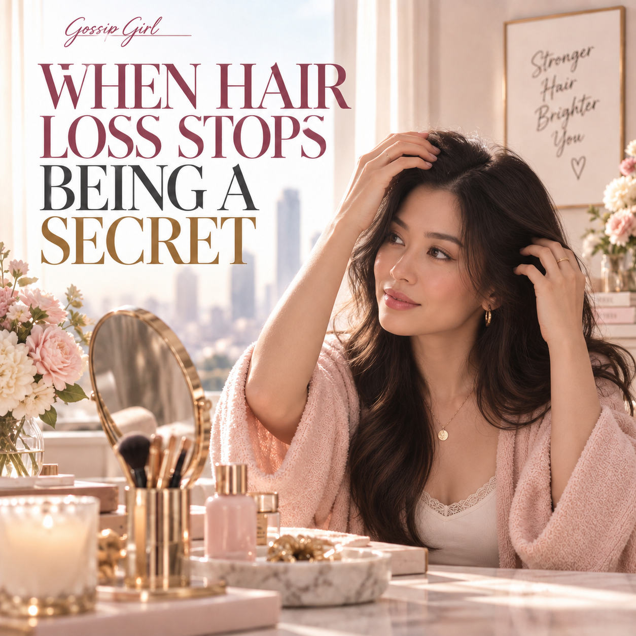 East Asian woman gently touching her hair at a vanity for Girltalk’s “When Hair Loss Stops Being a Secret” beauty and wellness trend.