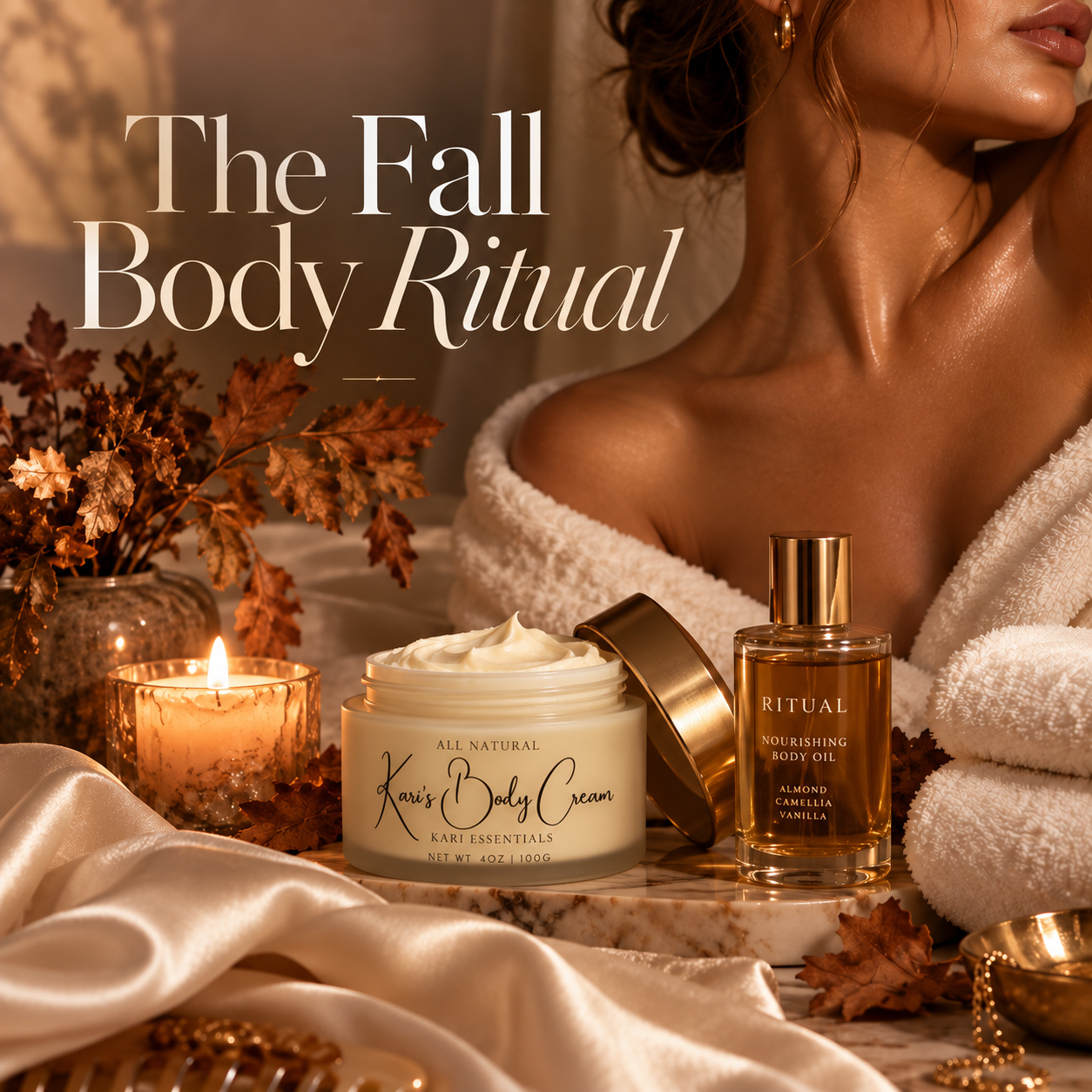 Fall body care ritual featuring Kari Essentials all-natural body cream with warm autumn leaves, candlelight, satin and nourishing body oil