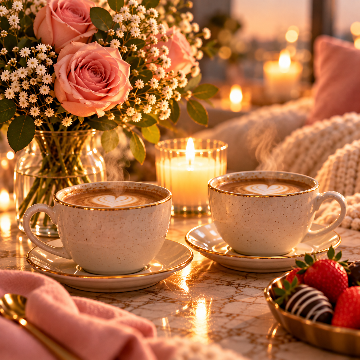 Two cups of coffee beside pink roses and candlelight, representing a simple micro-date in Girltalk’s 7-Day Reconnect Challenge