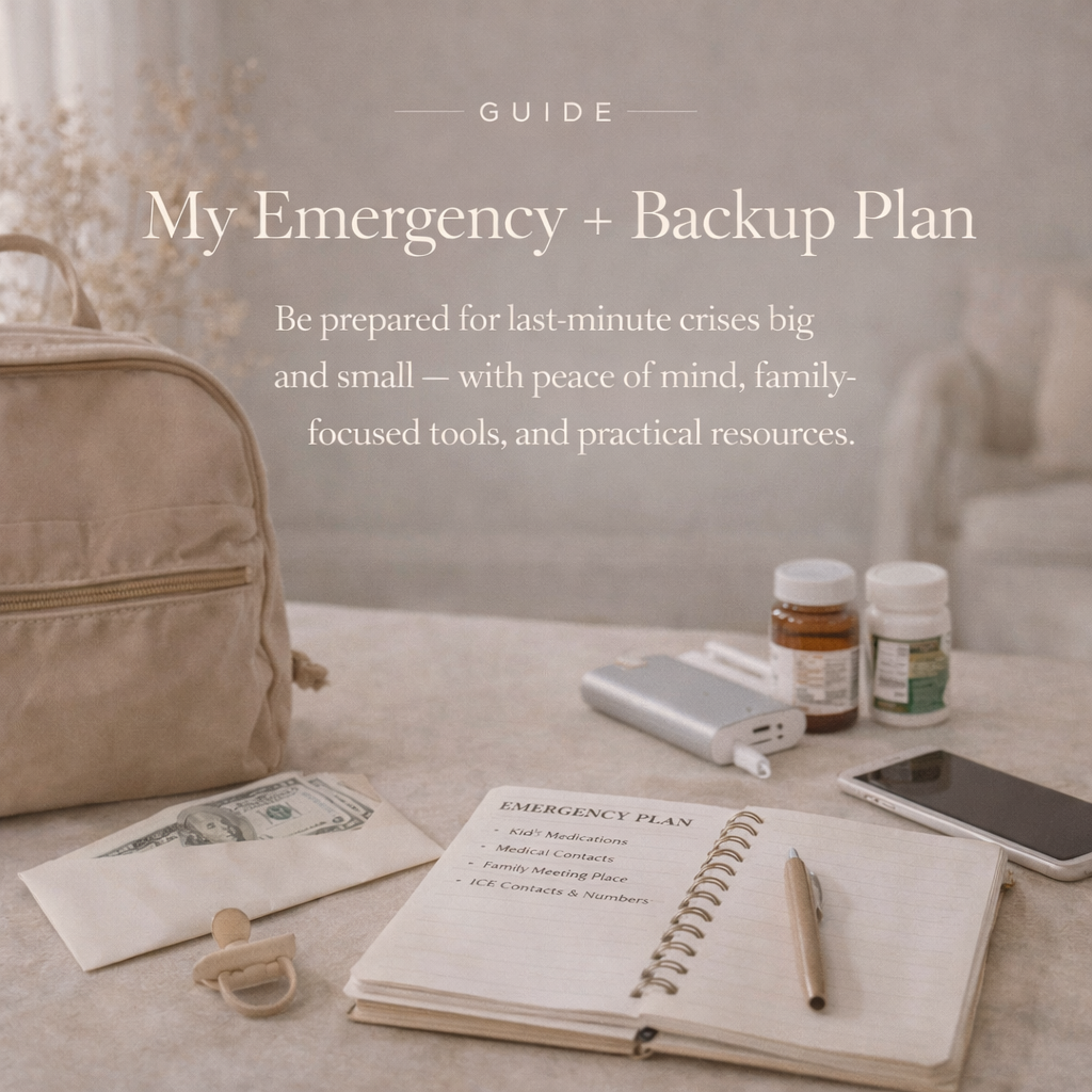 My Emergency + Backup Plan — a practical family preparedness guide for handling last-minute emergencies with important contacts, medications, backup resources, and peace of mind