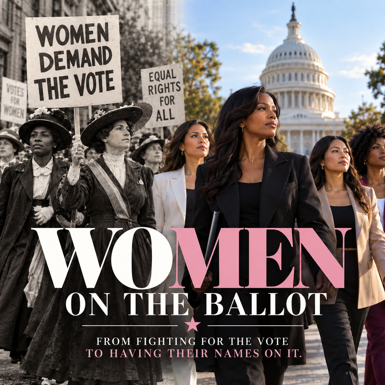 he Numbers Tell a Story graphic highlighting women running for the U.S. House, governor and state legislatures in 2026, with women walking near the U.S. Capitol