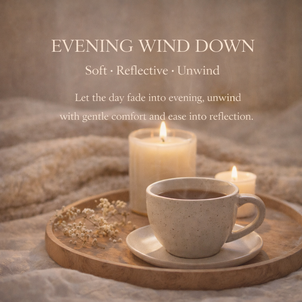 Evening Wind Down — a Girltalk wellness graphic with warm tea and candles encouraging a soft, reflective evening routine to relax, unwind, and reset