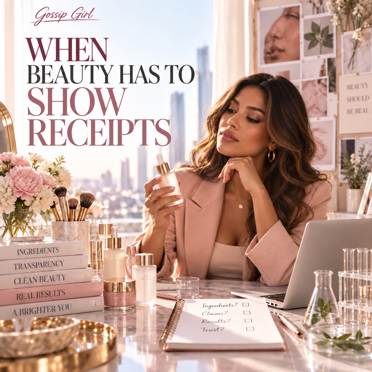Latina woman reviewing skincare products in an elegant beauty setting for Girltalk’s “When Beauty Has to Show Receipts” trend.