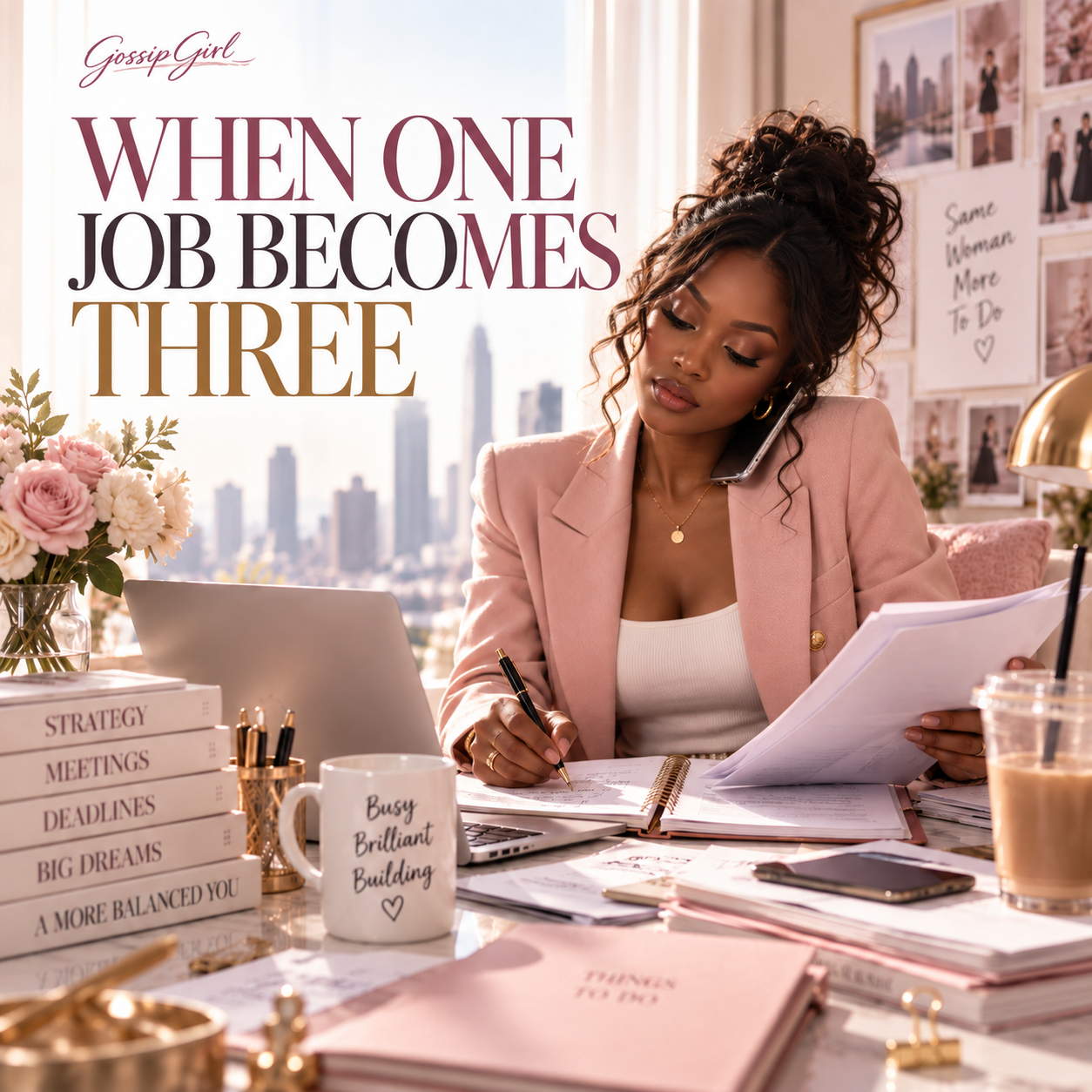 Black Professional woman multitasking at a stylish desk with a laptop, phone, paperwork and planner for Girltalk’s “When One Job Becomes Three” workplace trend