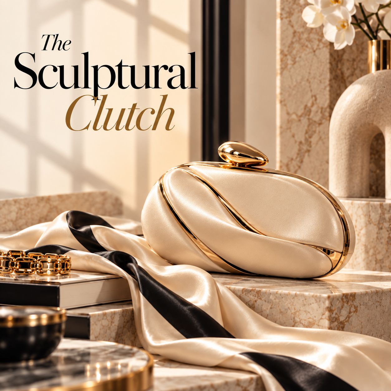 Ivory sculptural clutch with gold trim styled on marble with black-and-ivory satin and gold accessories for Girltalk Fashion Corner.