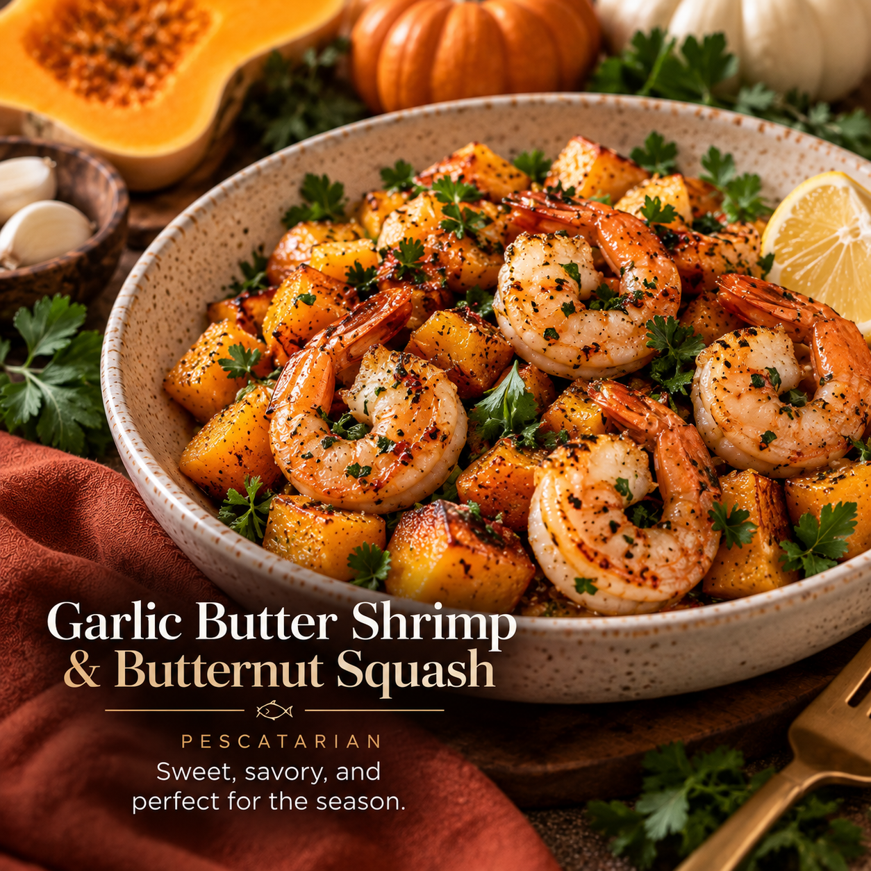 Garlic butter shrimp with roasted butternut squash, fresh herbs, and lemon for a cozy fall meal.