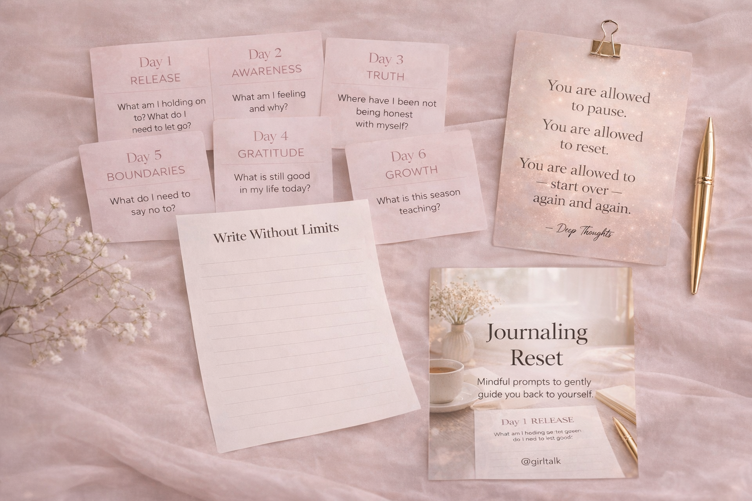 Girltalk Journaling Reset featuring reflective prompts on release, awareness, truth, gratitude, boundaries, and growth to support a gentle personal reset