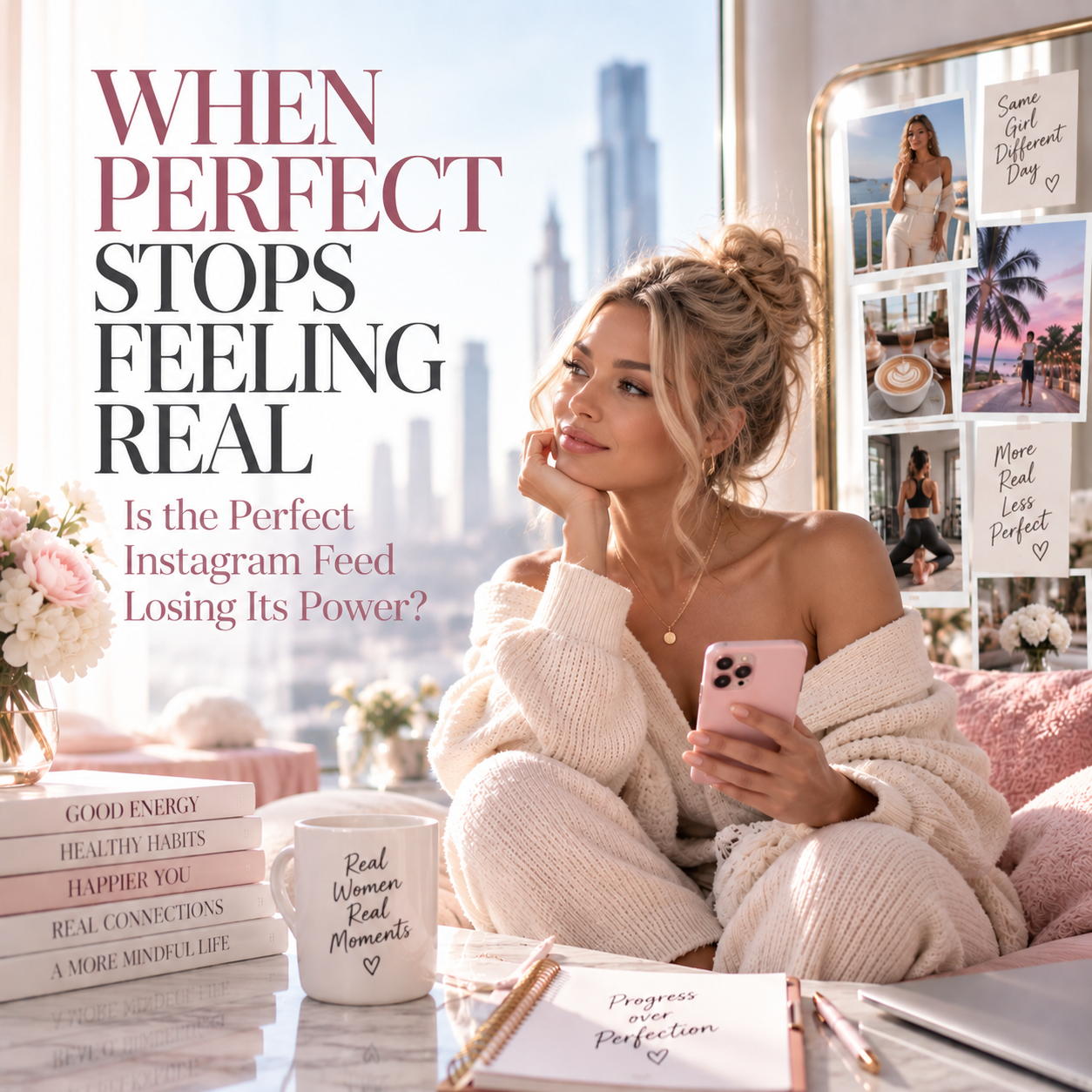 Woman looking at social media on her phone as she reflects on online connection and comparison.
