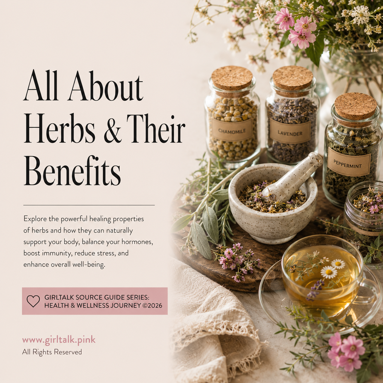 All About Herbs & Their Benefits — a Girltalk wellness guide featuring chamomile, lavender, peppermint, herbal tea, and traditional uses of herbs for everyday well-being