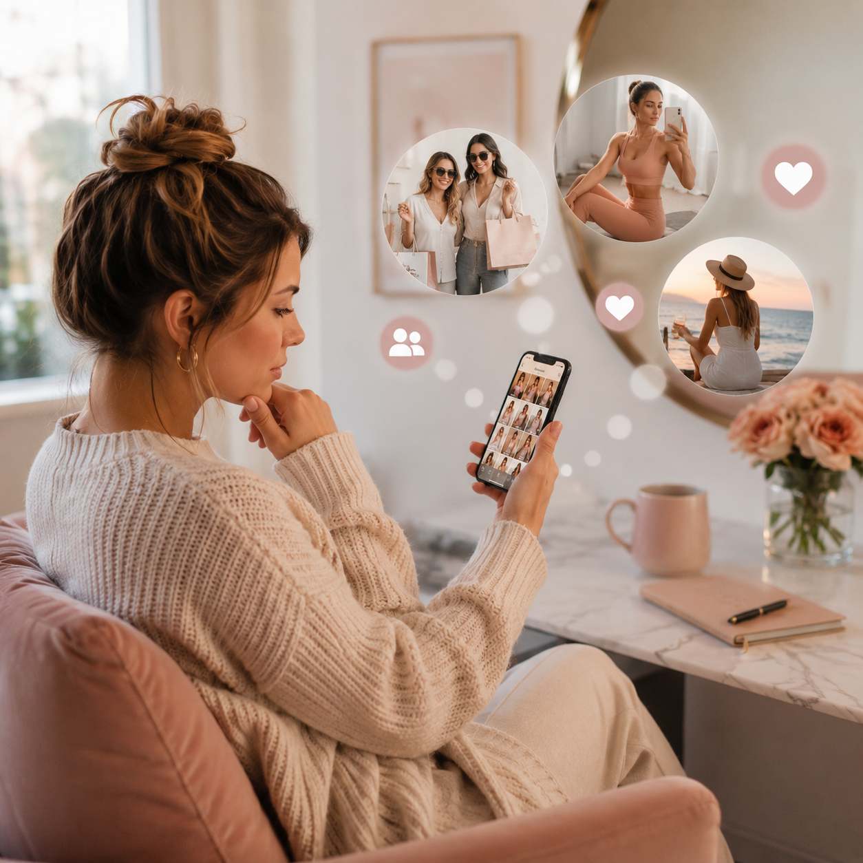 Alt text: Woman looking at social media on her phone while reflecting on connection and comparison.