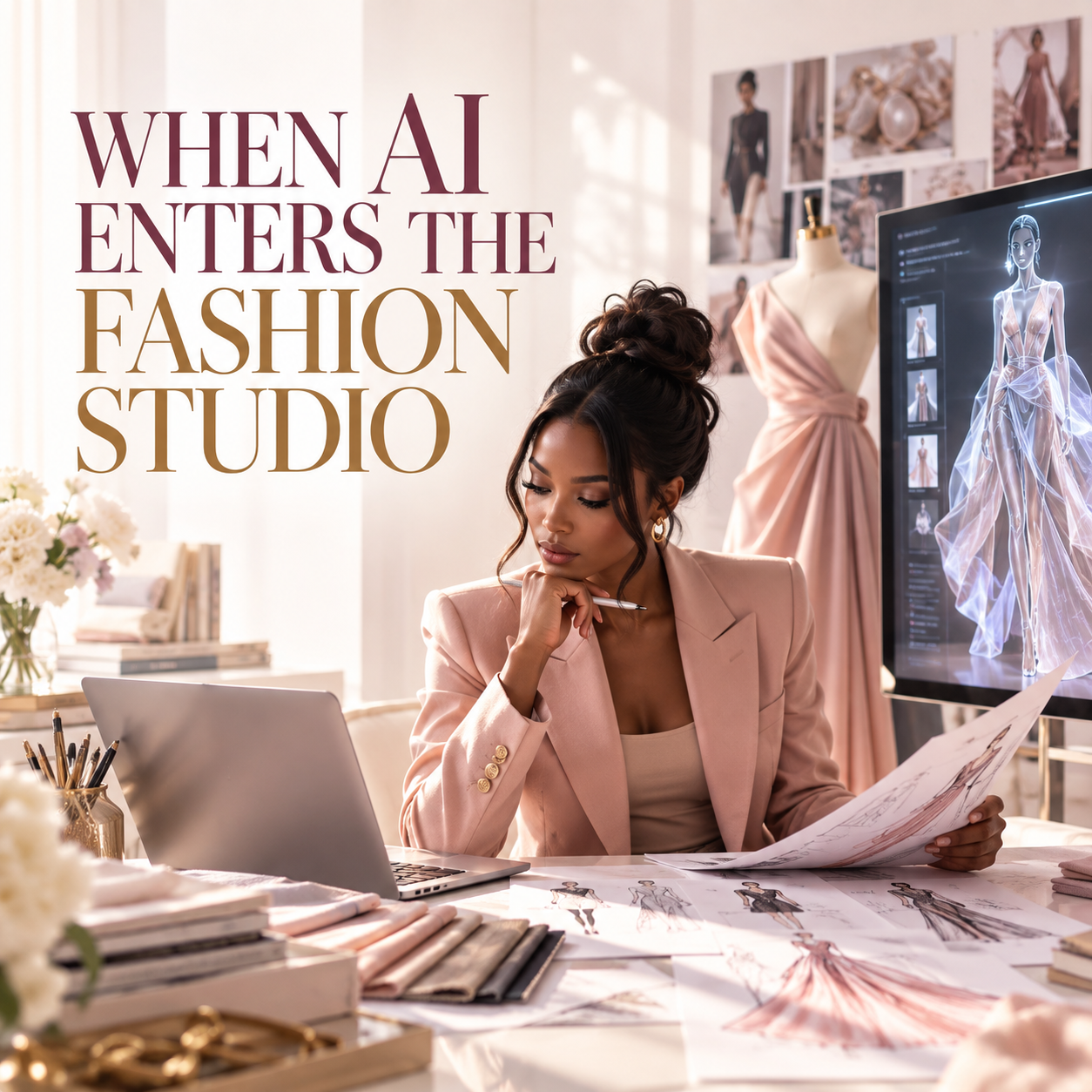 Woman working in a fashion studio using AI technology for creative design.