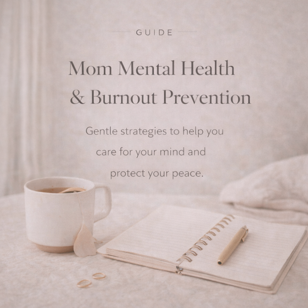 Mom Mental Health & Burnout Prevention — gentle strategies to support maternal well-being, manage stress, prevent burnout, and protect your peace