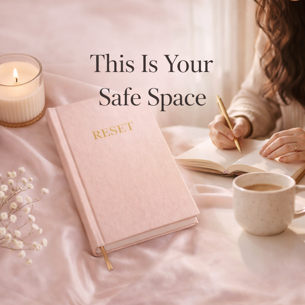 This Is Your Safe Space — a Girltalk journaling graphic encouraging women to slow down, reflect, write freely, and create space for honesty, calm, and personal reset