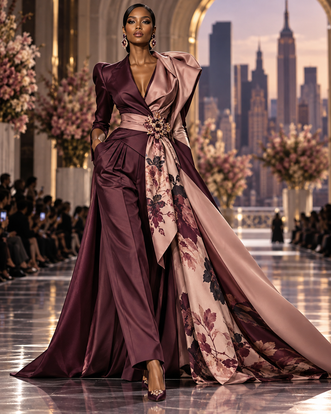 Black female model wearing a dramatic plum and blush couture-inspired runway look with sculptural tailoring, a jeweled waist detail, floral draping and a sweeping train for Girltalk Fashion Corner.