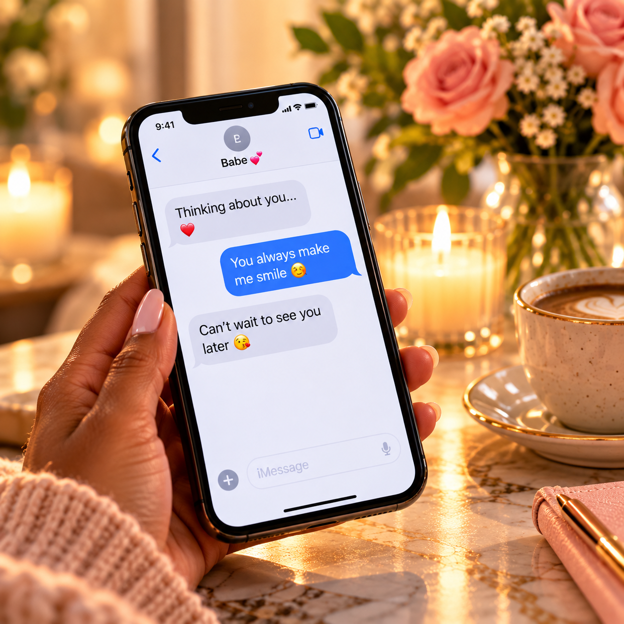 Woman holding a phone with affectionate text messages beside coffee, candles and pink roses for Girltalk’s 7-Day Reconnect Challenge