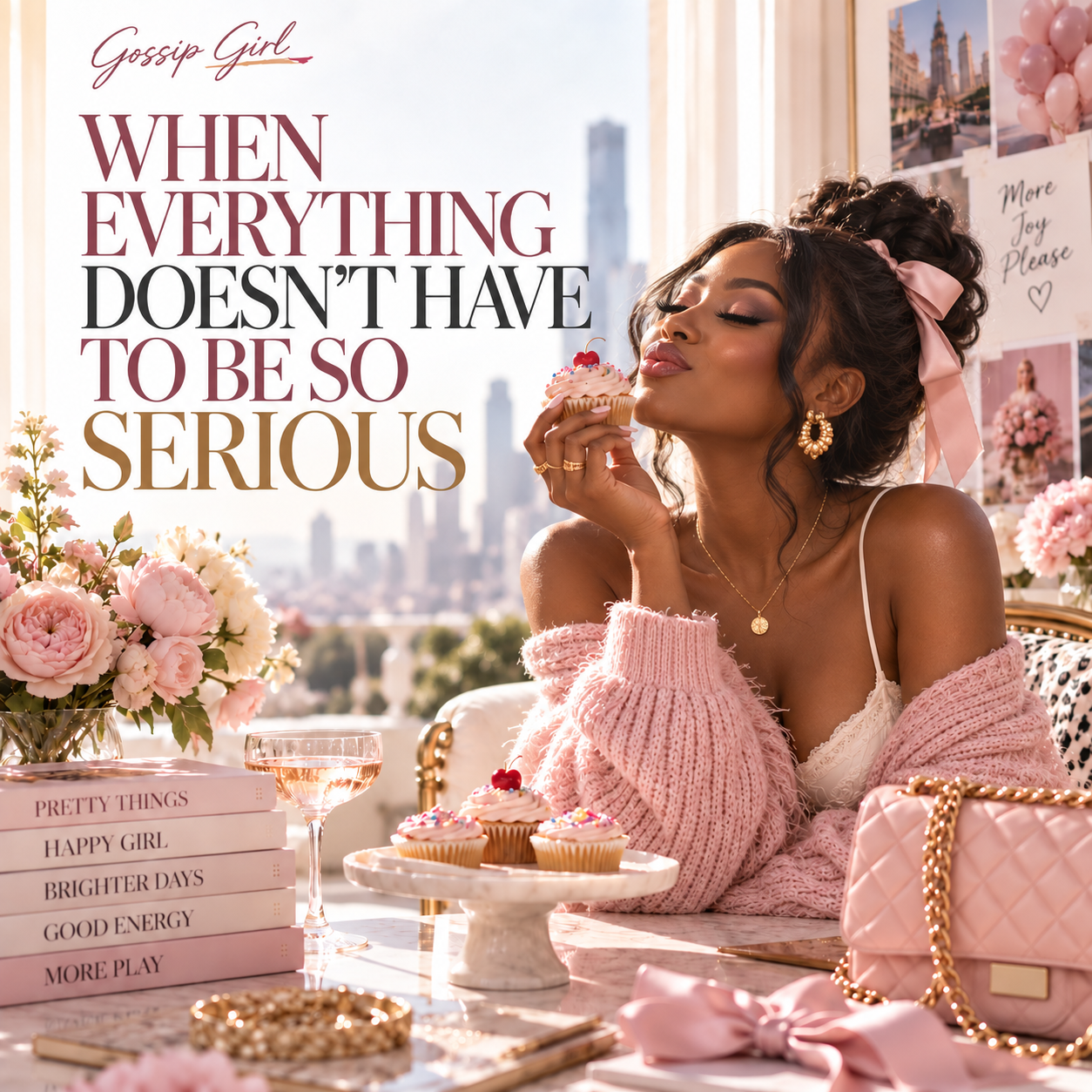 African woman enjoying a playful pink editorial setting with cupcakes, flowers and luxury accessories for Girltalk’s “When Everything Doesn’t Have to Be So Serious” trend