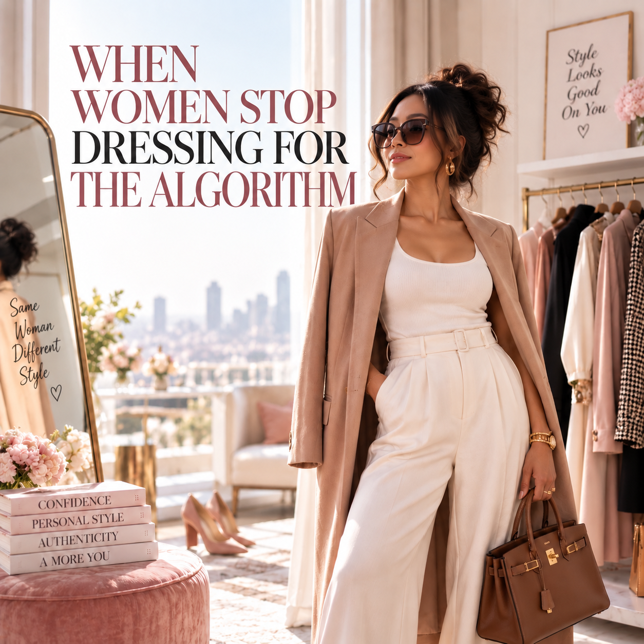 Asian woman expressing her personal style in an elegant dressing room.